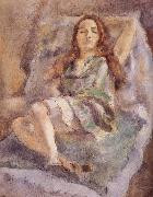 Jules Pascin The red hair girl wearing  green dress painting